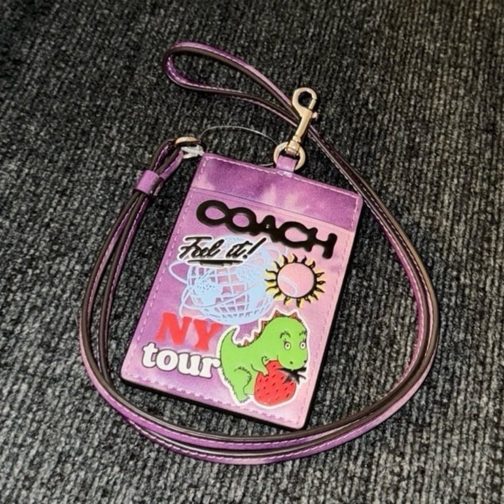 Coach Cody DeFranco ID Lanyard Tie Dye Digital Printed Purple Smooth Leather NWT